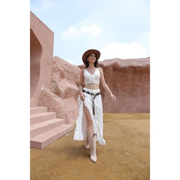 ⚡Women's Beige Calf High Pointed Toe And Block Heel Suede And Faux Leather Boots - Picture 2 of 8